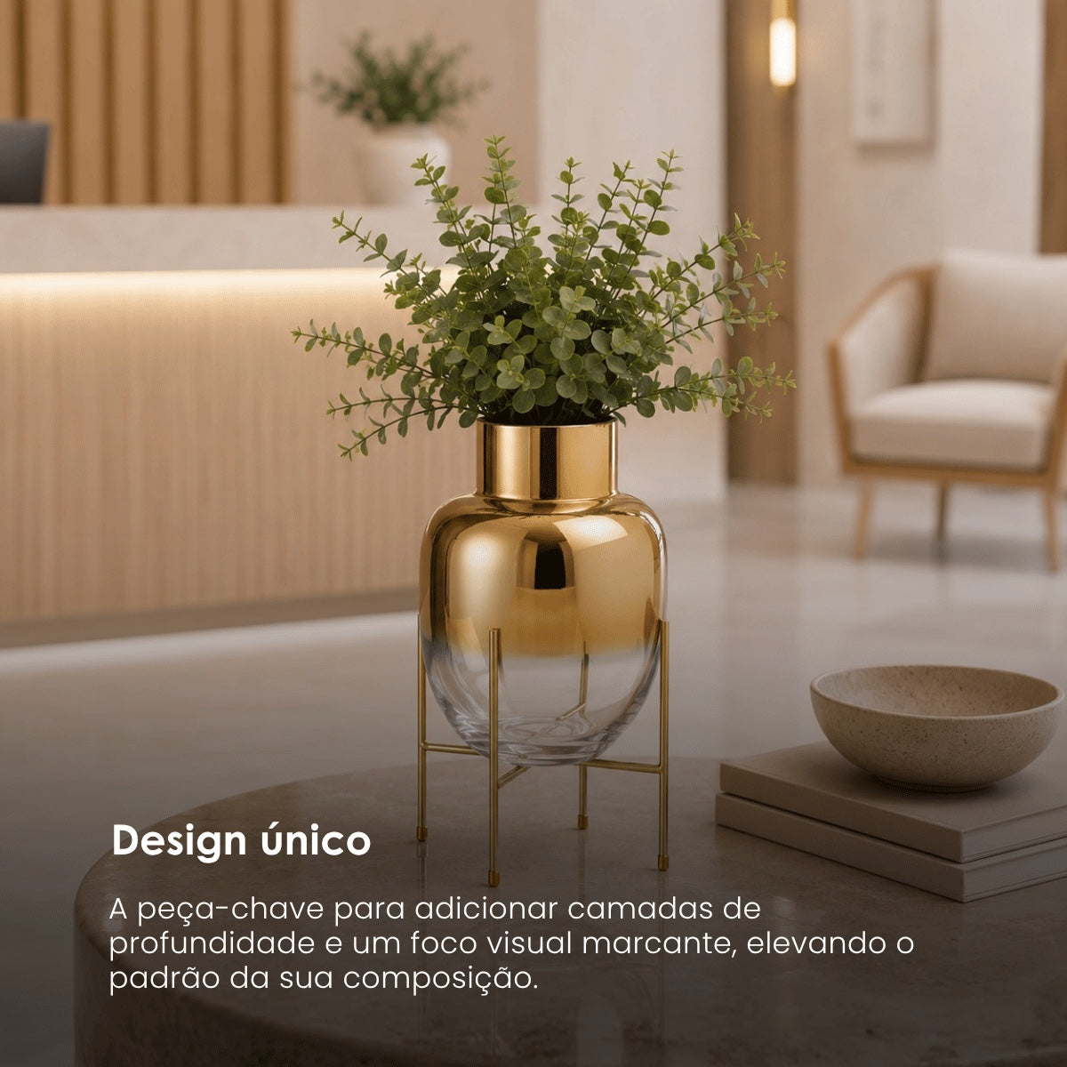 Vaso Sol Transp/dourado C/ Suporte 32cm