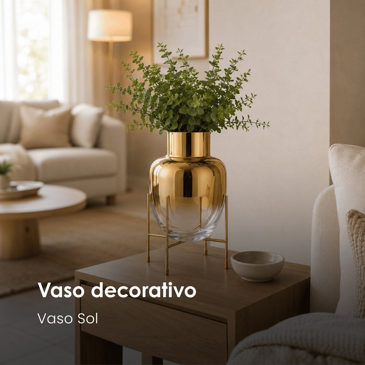 Vaso Sol Transp/dourado C/ Suporte 38cm