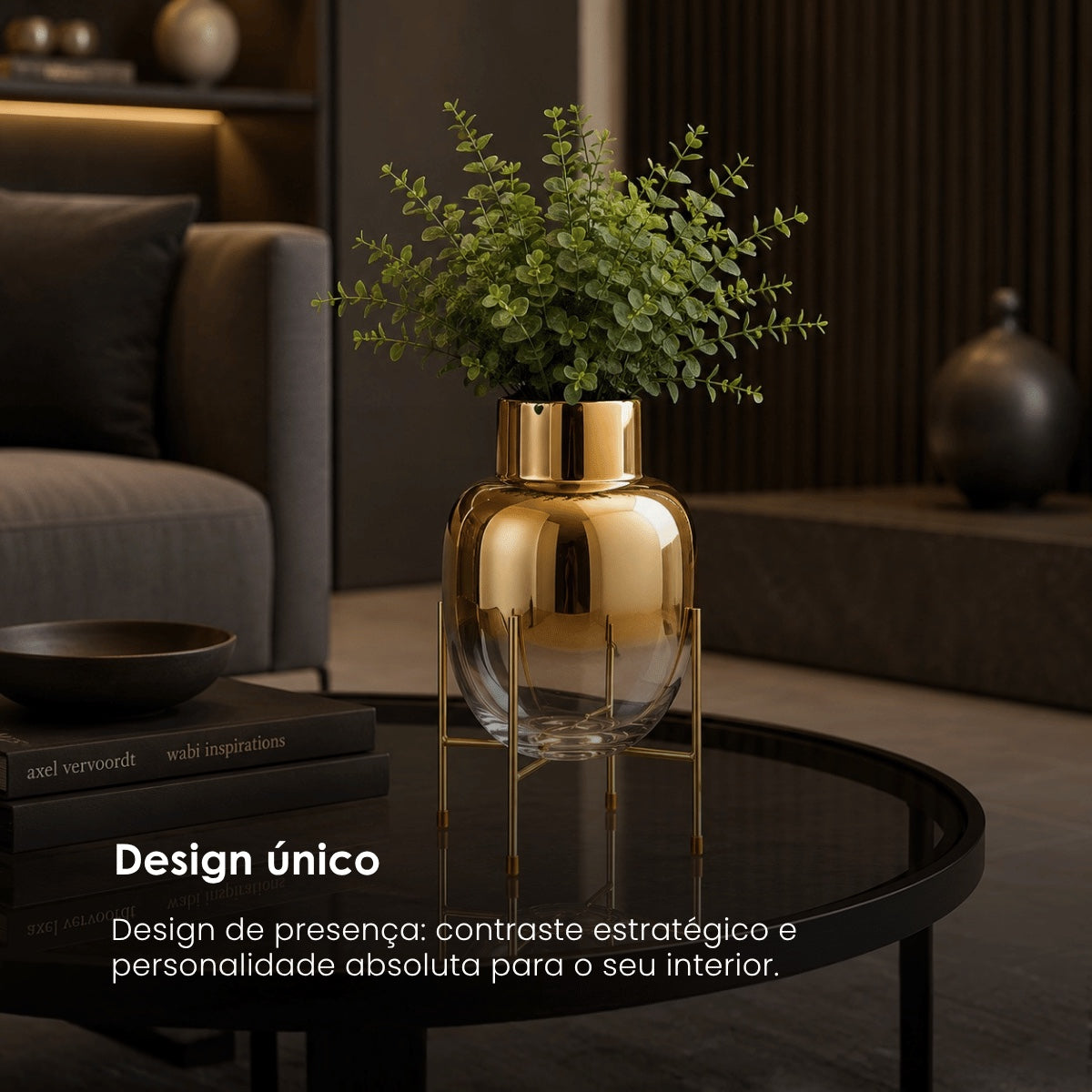 Vaso Sol Transp/dourado C/ Suporte 38cm