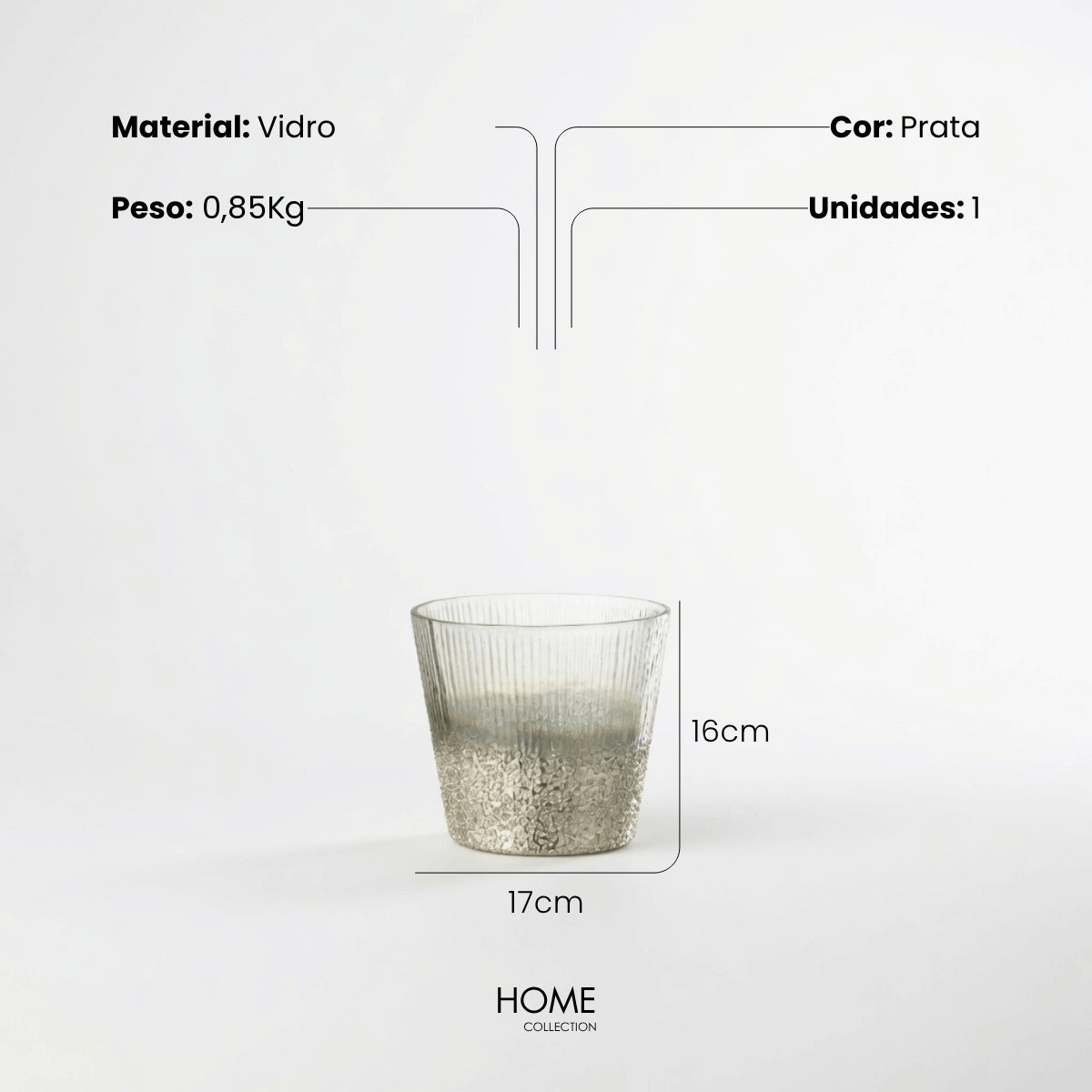 Vaso Ribbed Prata Em Vidro 17cm