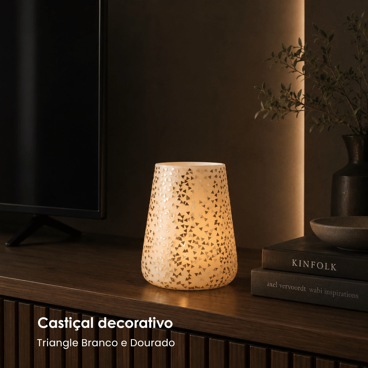 Vaso Triangle Bco/dourado 23cm