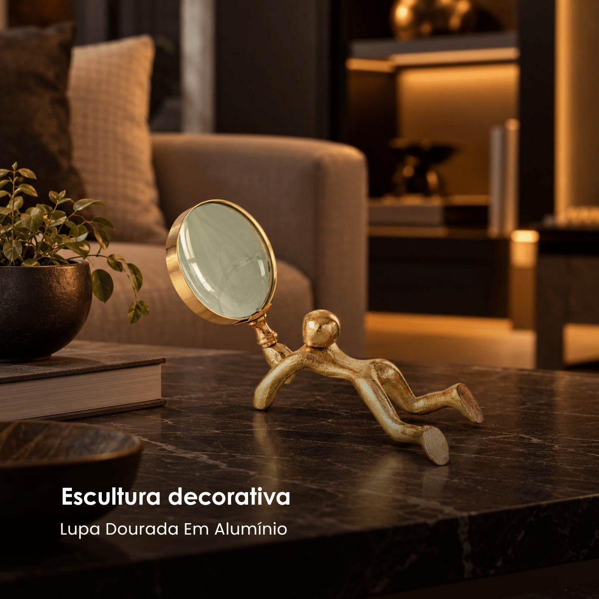 Lupa Dourada Em Aluminio 19cm