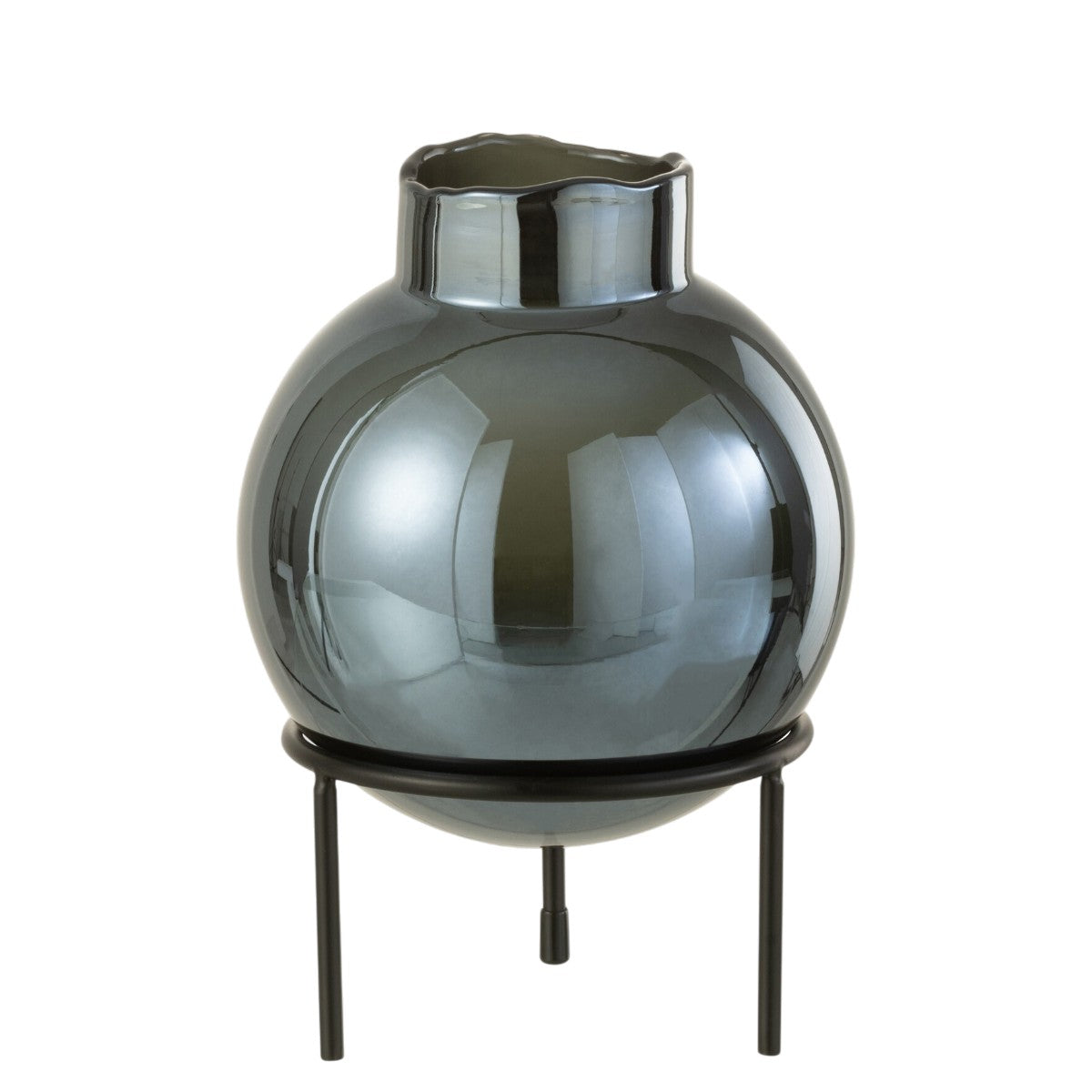 Vaso Bola Azul Em Vidro C/ Suporte Em Metal 22cm