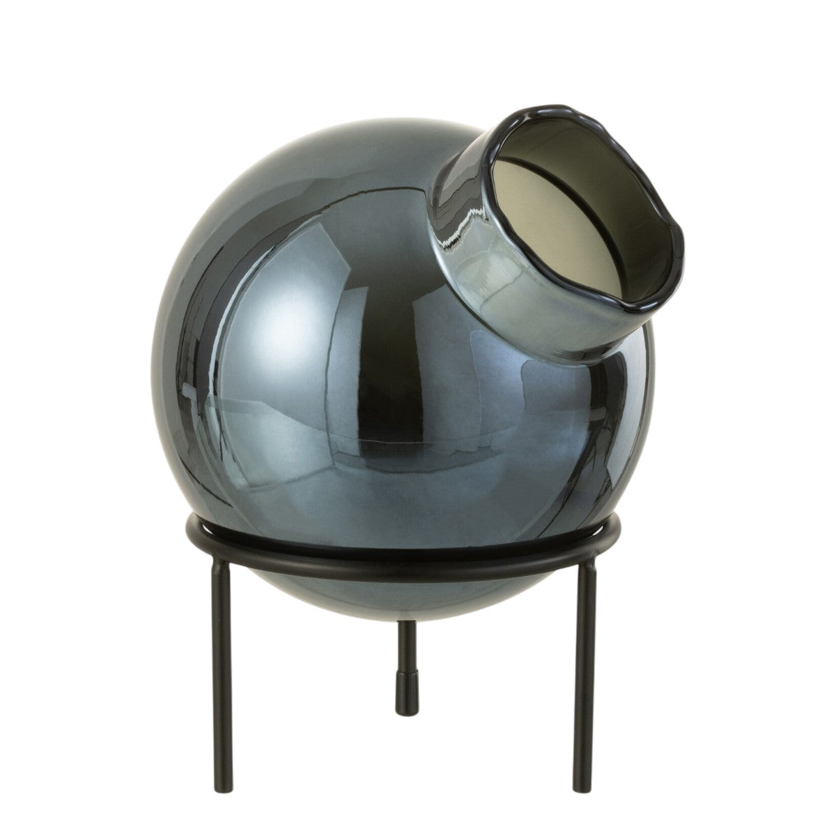 Vaso Bola Azul Em Vidro C/ Suporte Em Metal 22cm