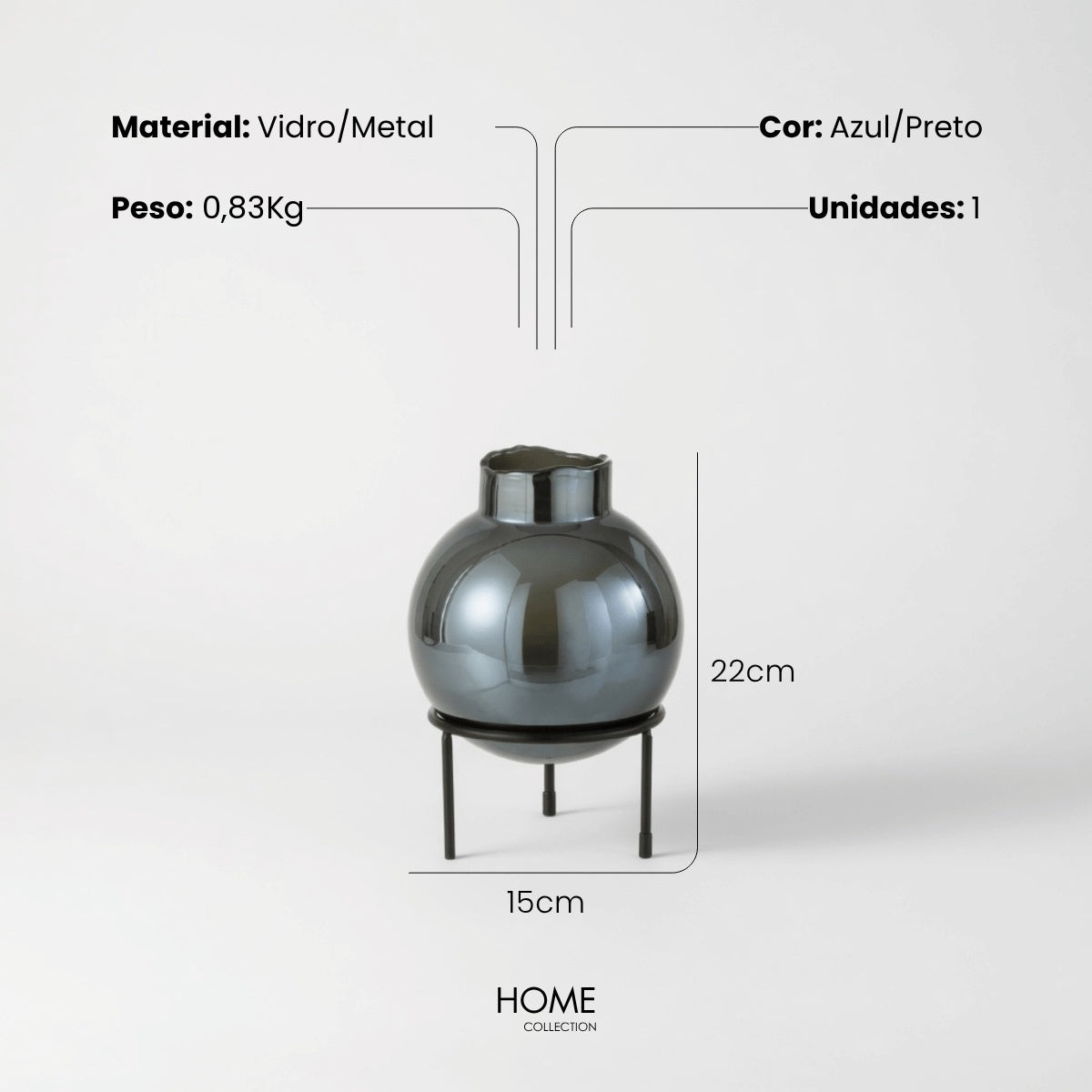 Vaso Bola Azul Em Vidro C/ Suporte Em Metal 22cm
