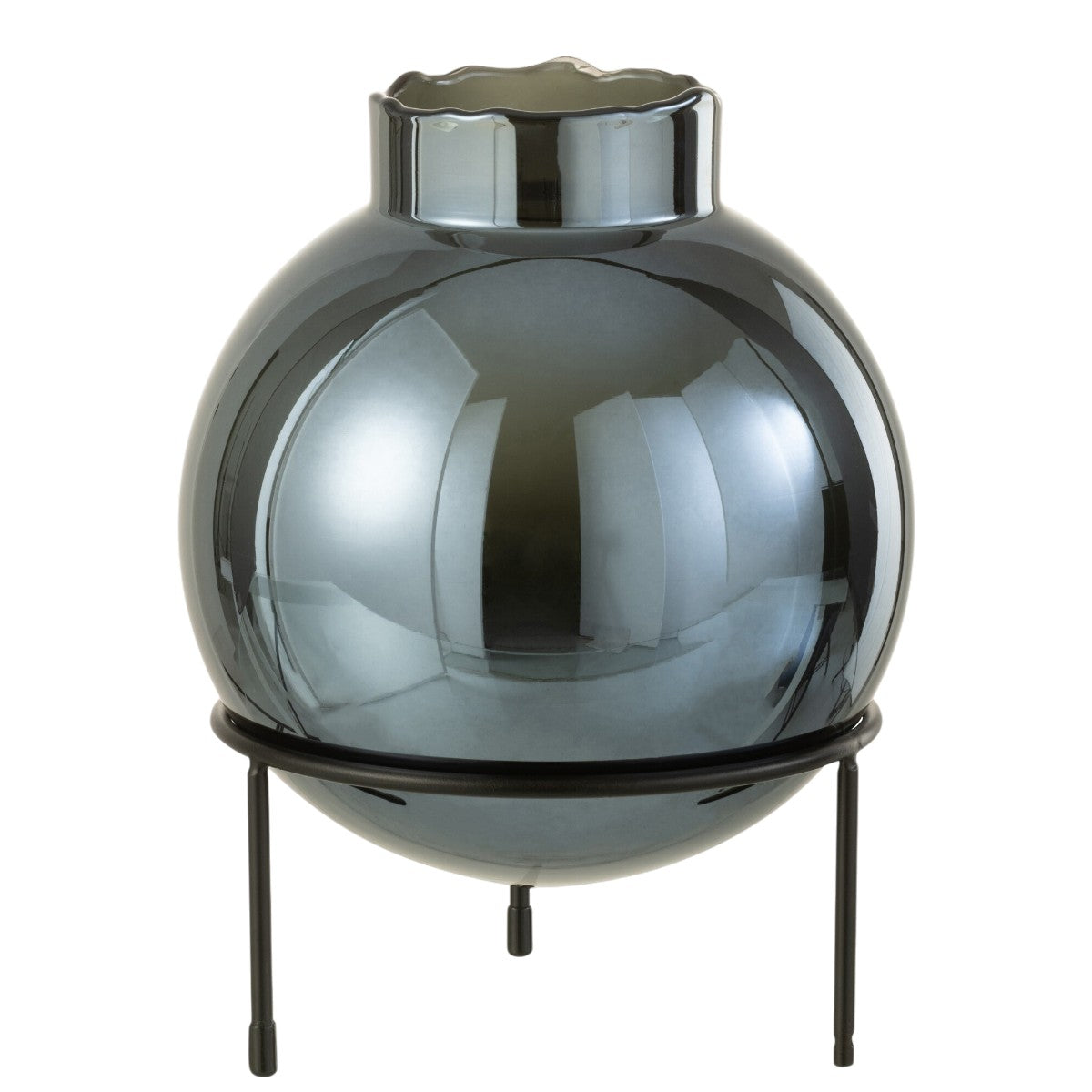 Vaso Bola Azul Em Vidro C/ Suporte Em Metal 27cm