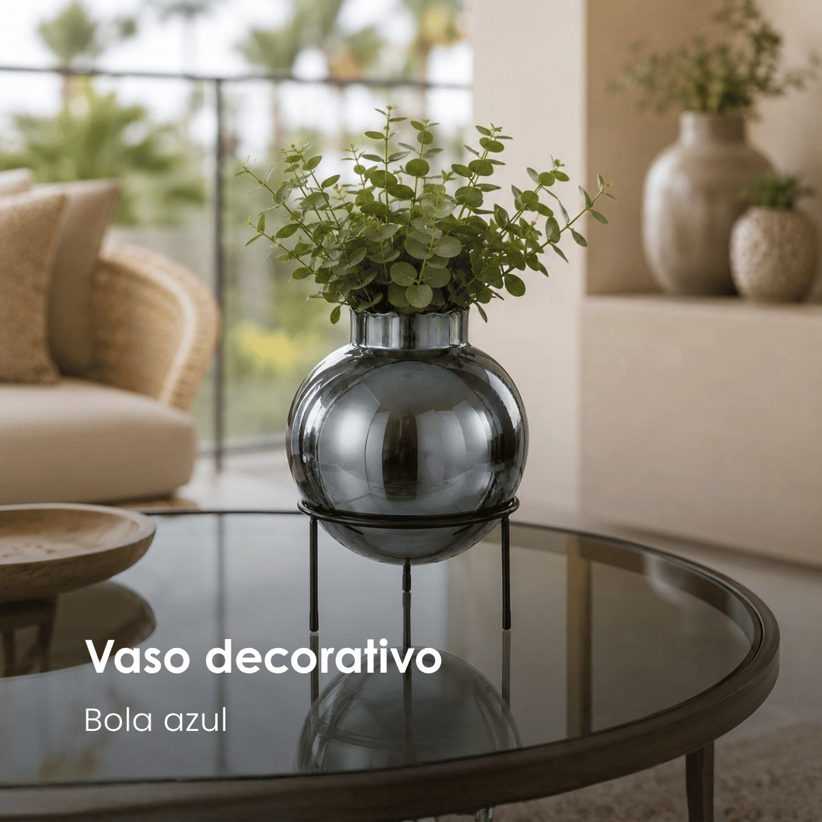 Vaso Bola Azul Em Vidro C/ Suporte Em Metal 27cm
