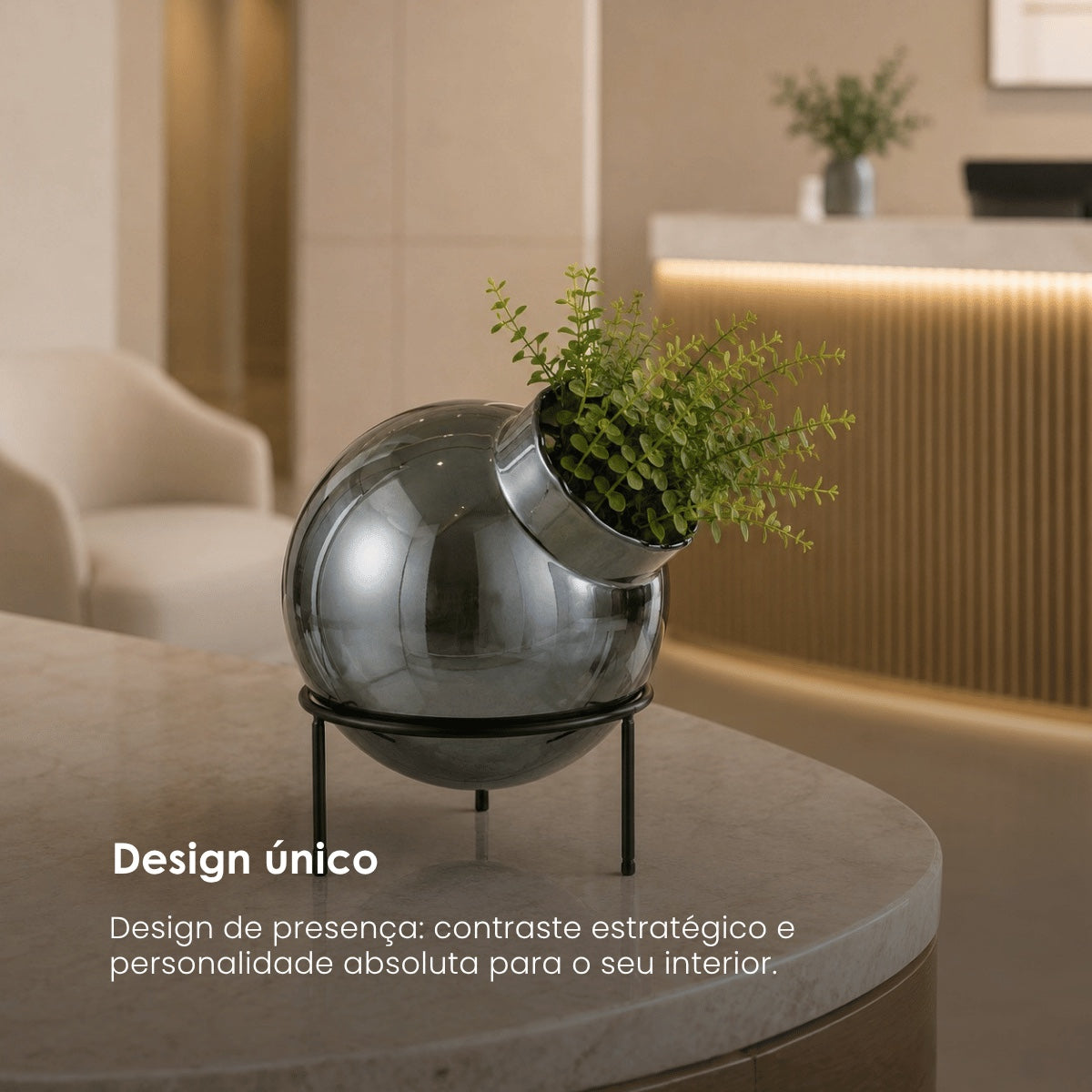 Vaso Bola Azul Em Vidro C/ Suporte Em Metal 27cm