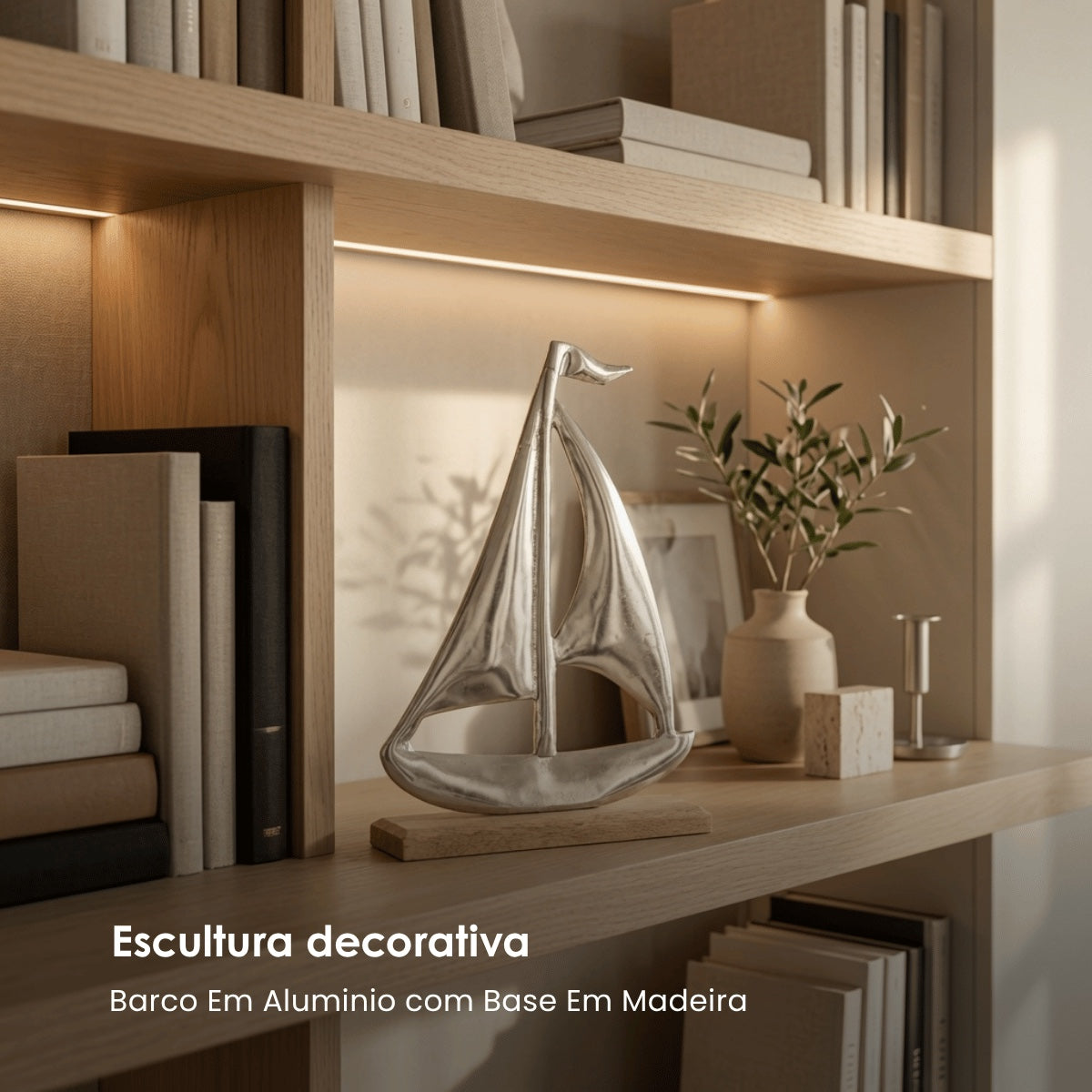 Escultura Barco Em Aluminio C/ Base Em Madeira 30cm