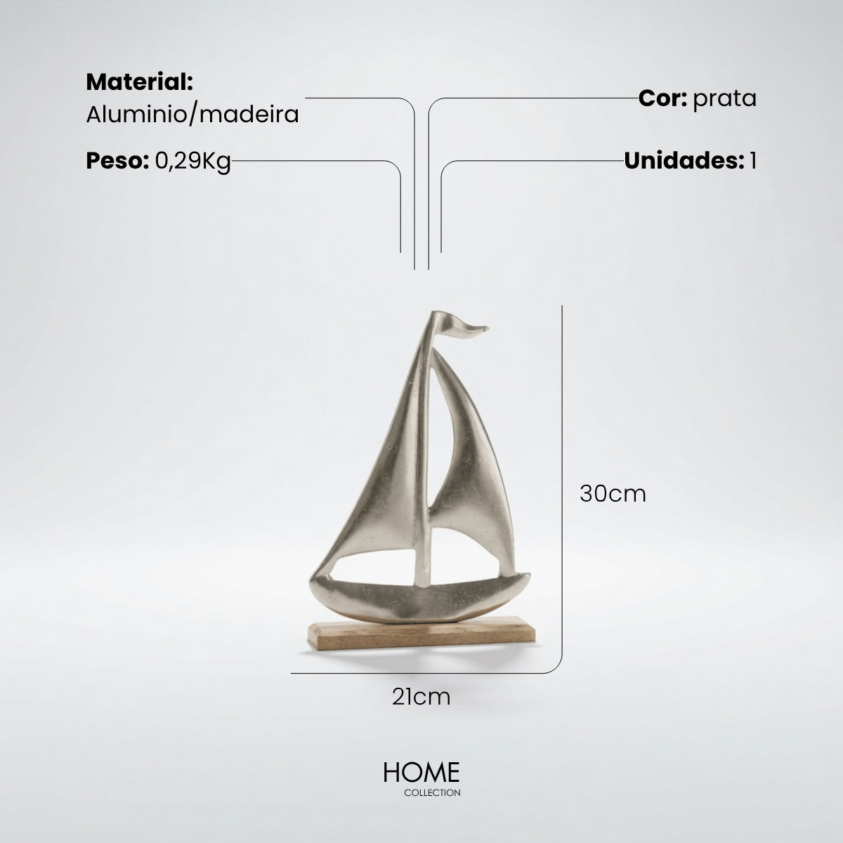 Escultura Barco Em Aluminio C/ Base Em Madeira 30cm