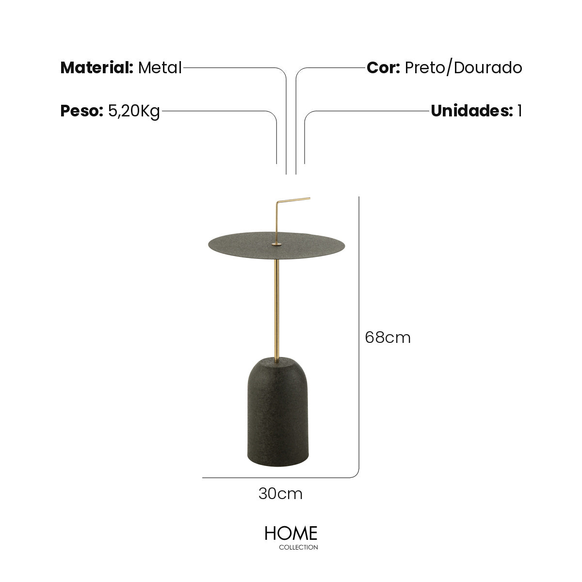 Mesal Lateral Disco Preto/Gold Em Metal 30X68cm