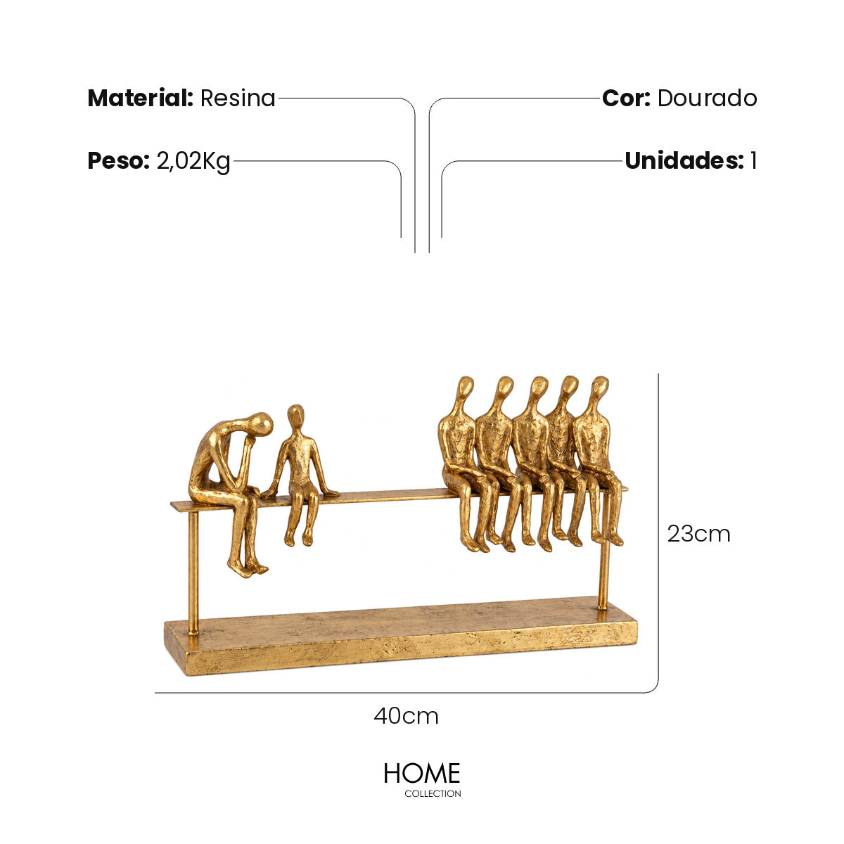 Escultura Familia Sentada No Banco Dourado 40x23cm