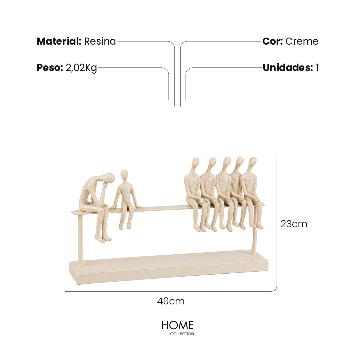 Escultura Familia Sentada No Banco Creme 40x23cm