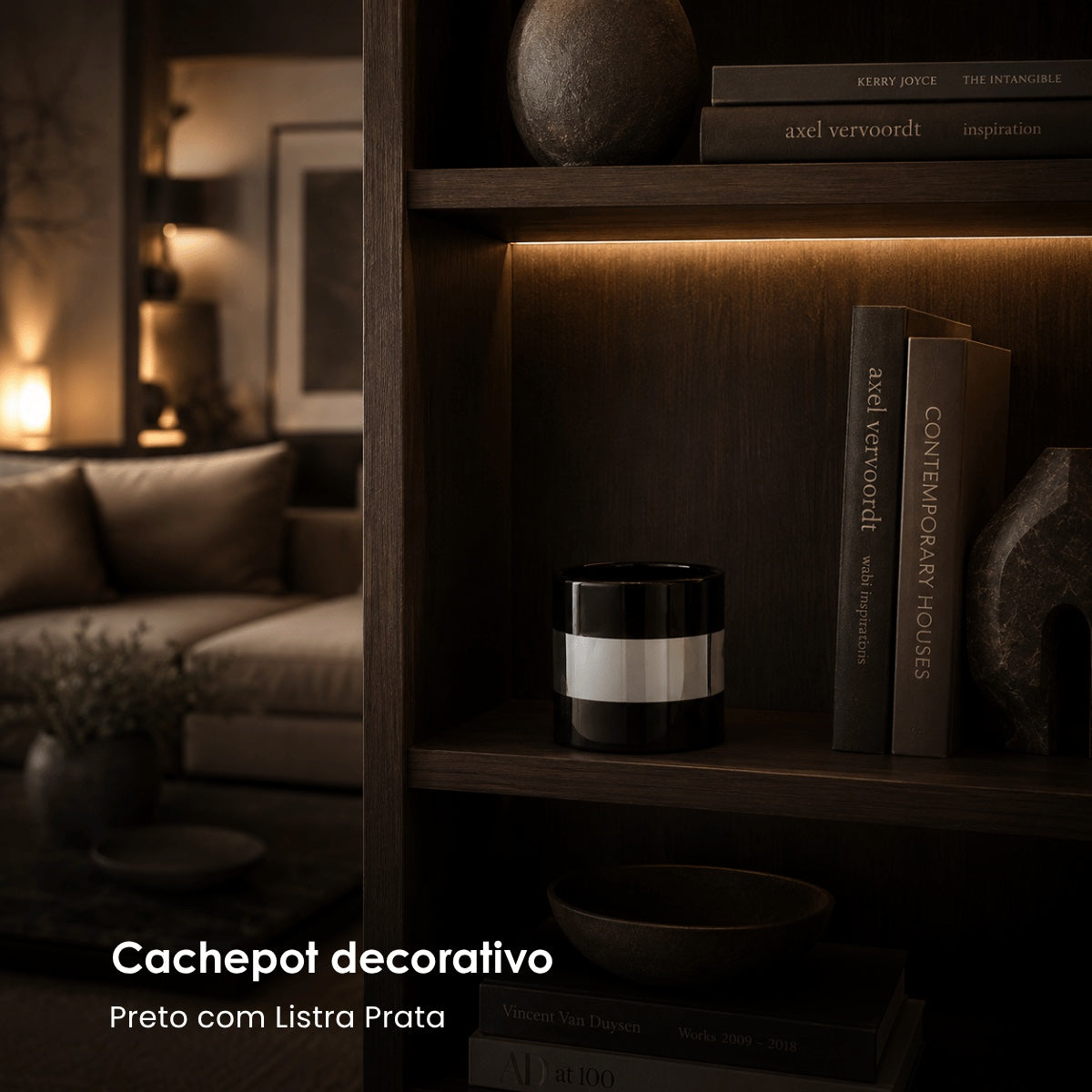 Cachepot Preto C/ Listra Prata 14cm