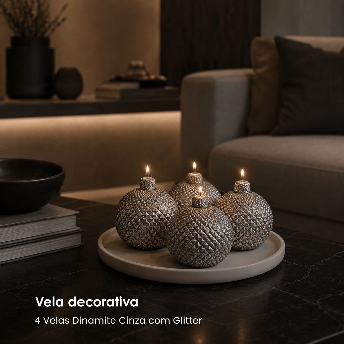 Jg. 4 Velas Dinamite Cinza C/ Glitter 13cm