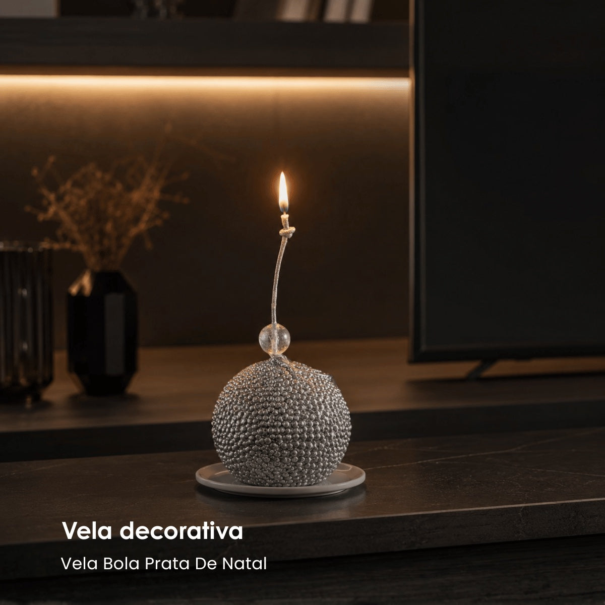 Vela Bola Prata De Natal 8cm