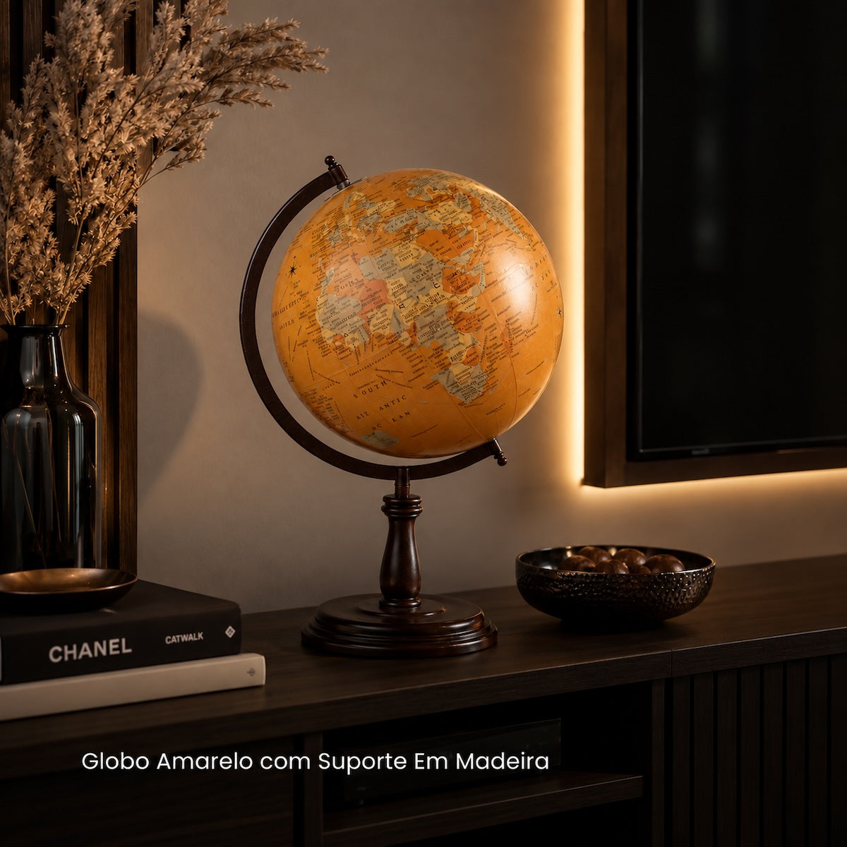 Globo Amarelo C/ Suporte Em Madeira 52cm