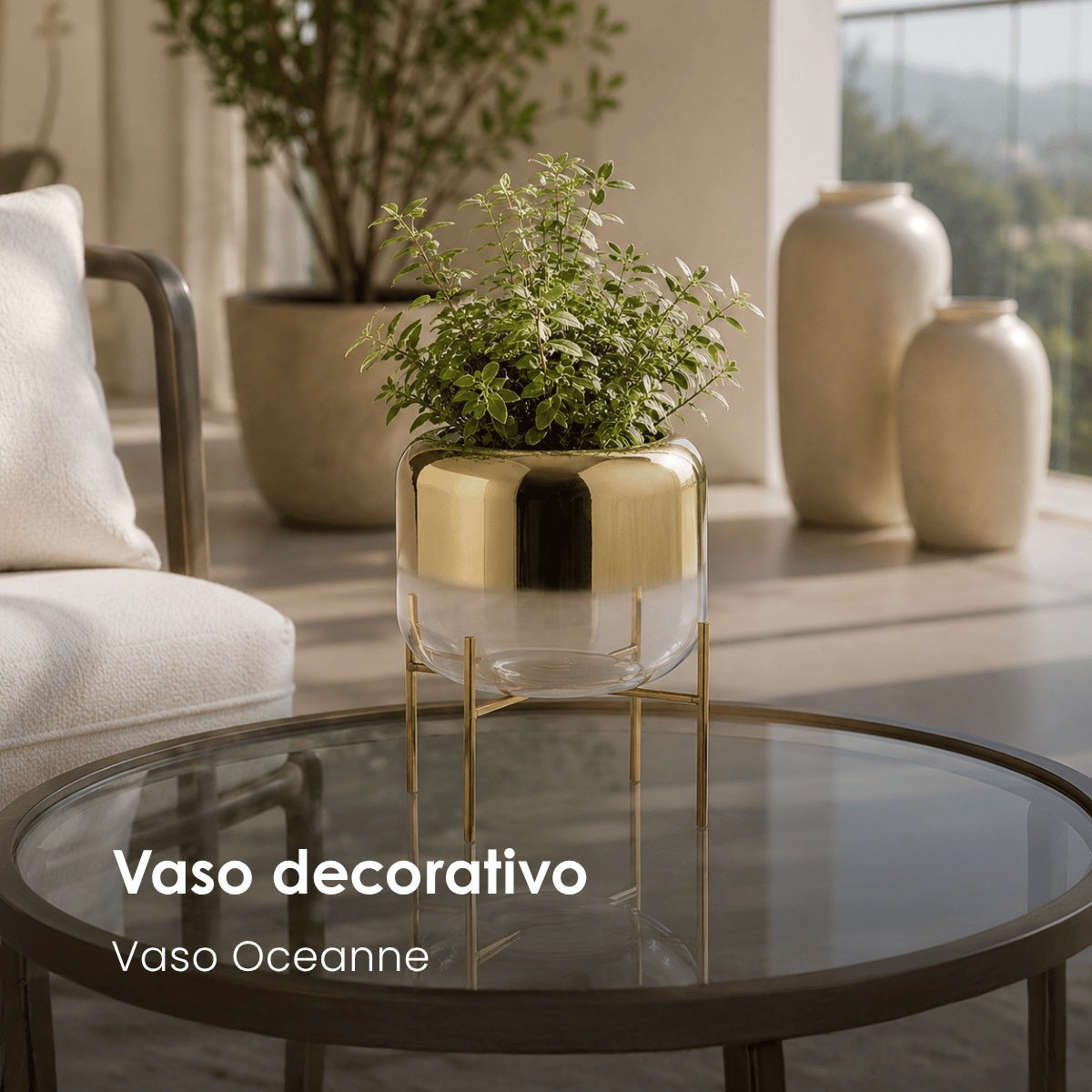 Vaso Oceanne Transp/dourado C/ Suporte Em Metal 23cm