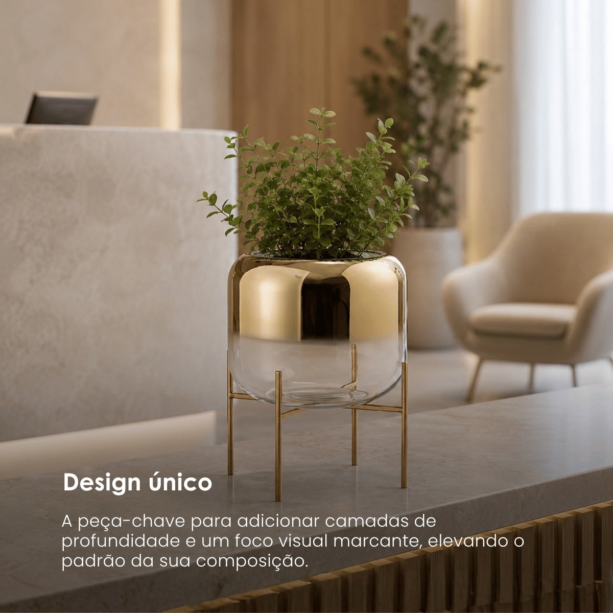 Vaso Oceanne Transp/dourado C/ Suporte Em Metal 23cm