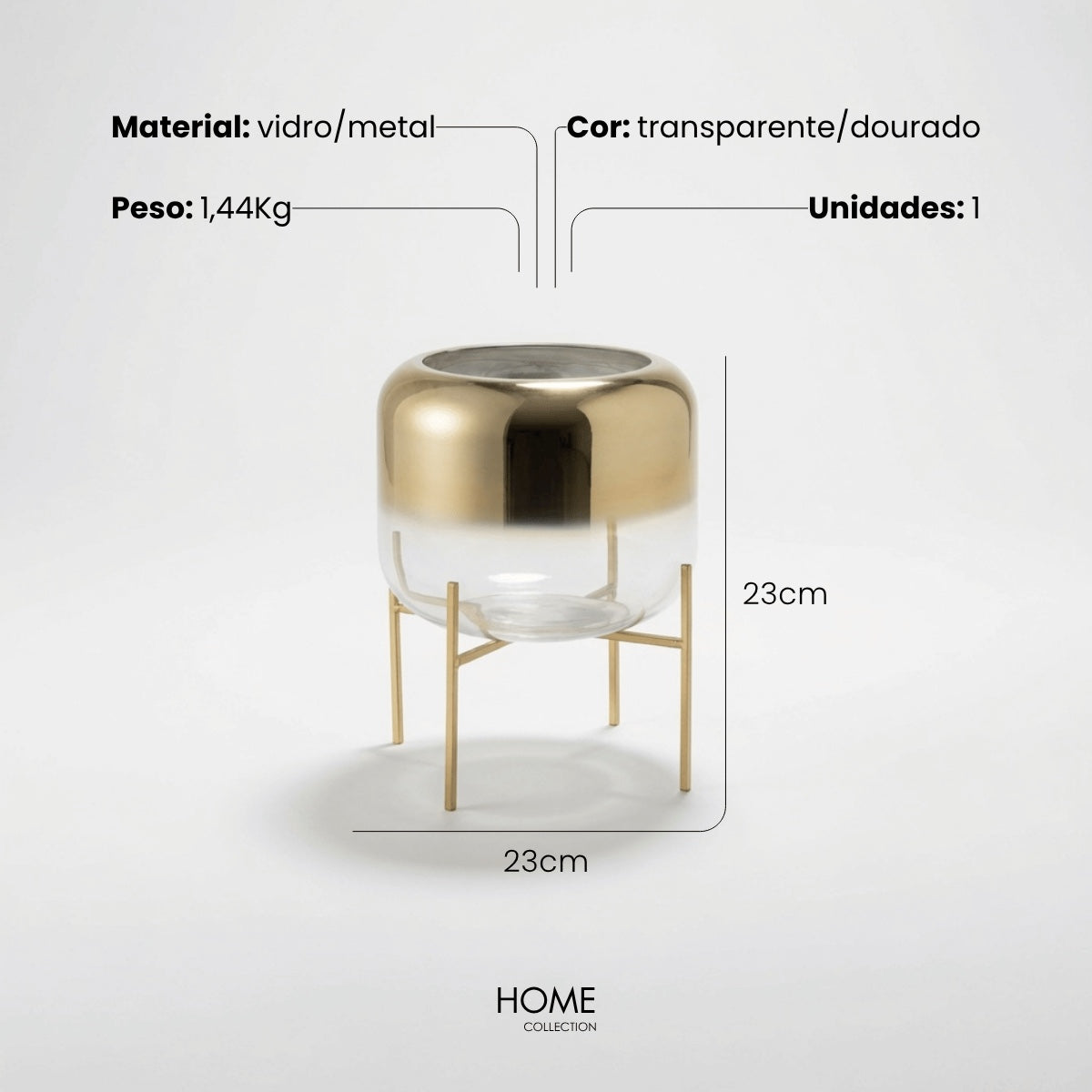 Vaso Oceanne Transp/dourado C/ Suporte Em Metal 23cm