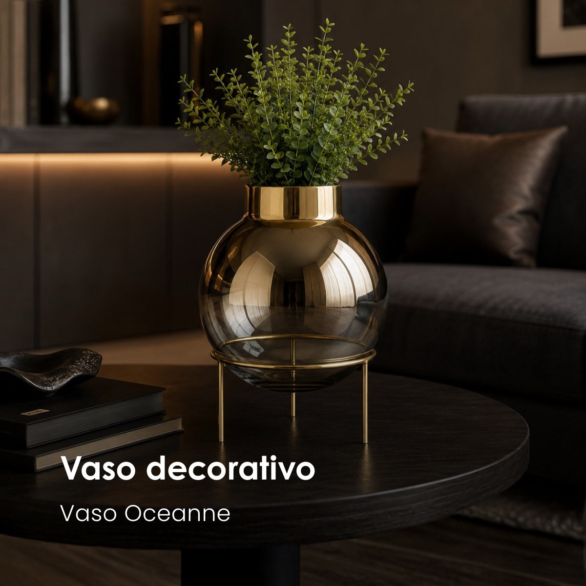 Vaso Oceanne Transp/dourado C/ Suporte Em Metal 30cm