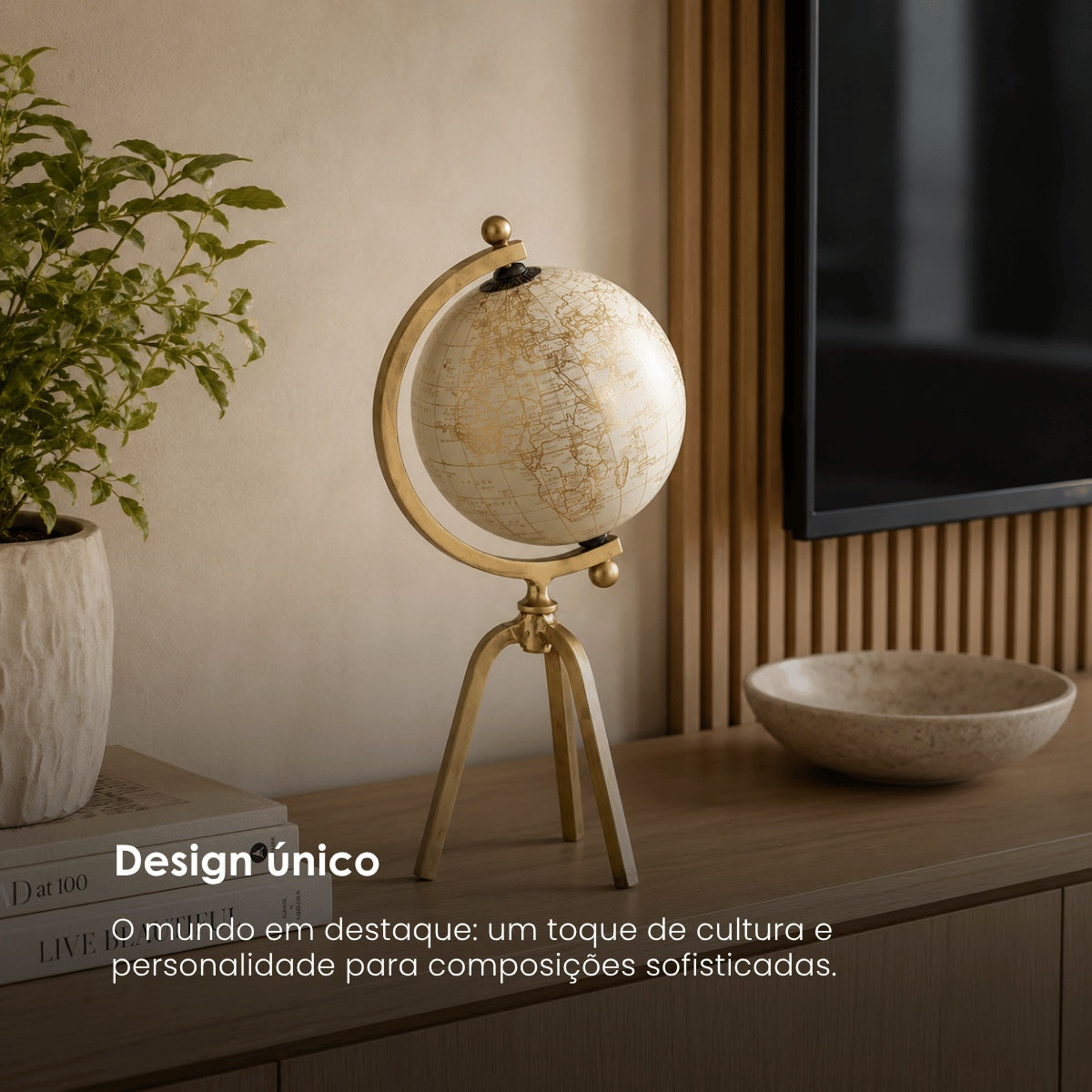 Globo Branco/dourado C/ Suporte Tripe Em Metal 39cm