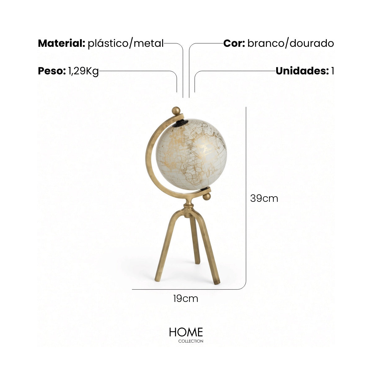Globo Branco/dourado C/ Suporte Tripe Em Metal 39cm
