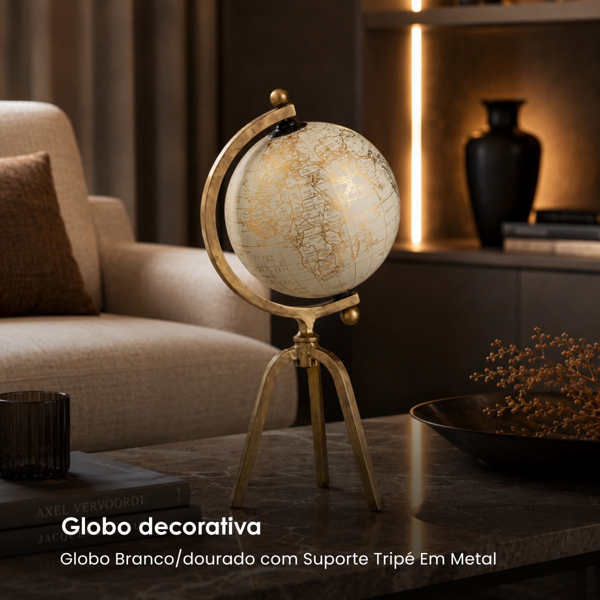 Globo Branco/dourado C/ Suporte Tripe Em Metal 39cm