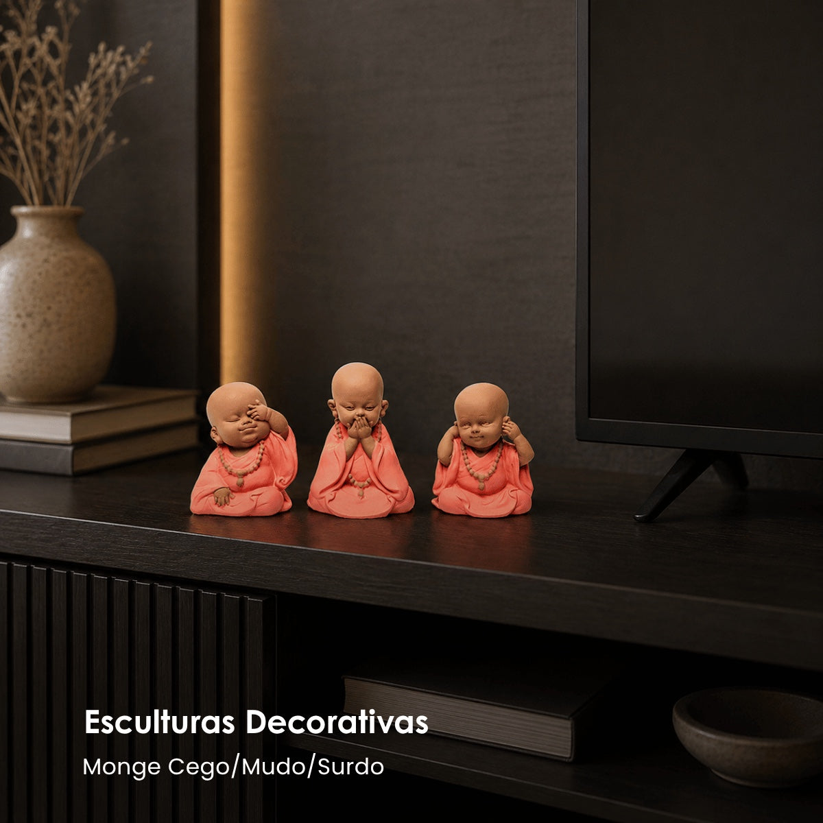 Jg. 3 Esculturas Monge Cego/Surdo/Mudo Laranja 10cm