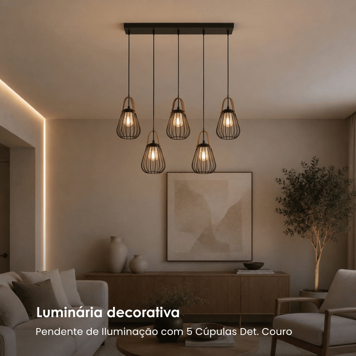 Pendente de Iluminação C/ 5 Cúpulas Det. Couro 150cm