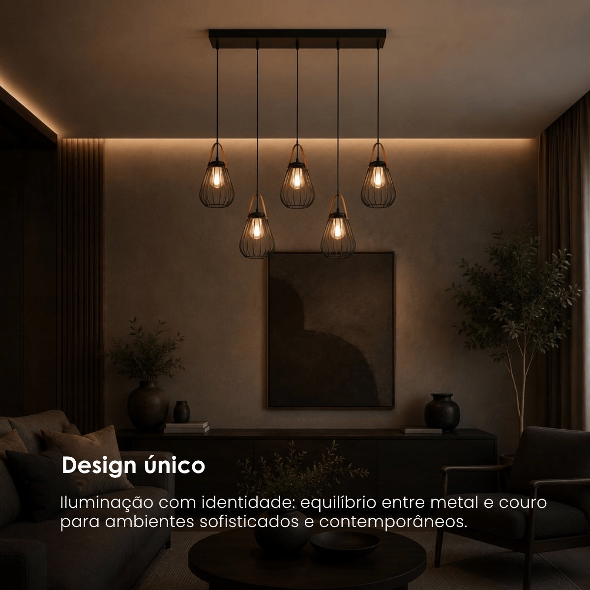 Pendente de Iluminação C/ 5 Cúpulas Det. Couro 150cm
