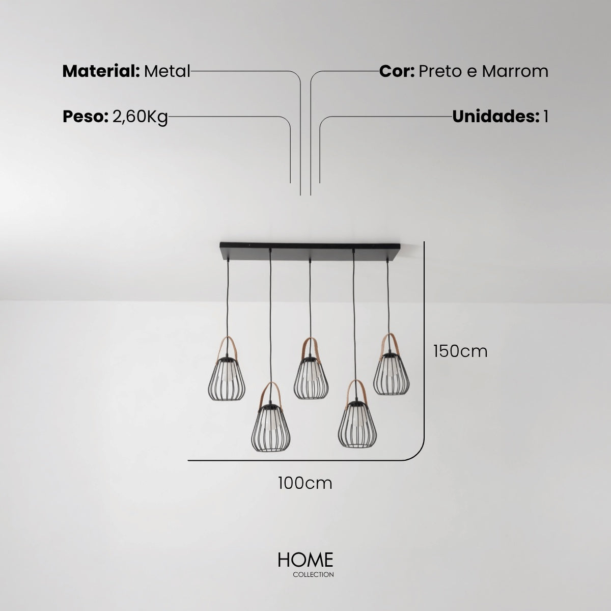 Pendente de Iluminação C/ 5 Cúpulas Det. Couro 150cm
