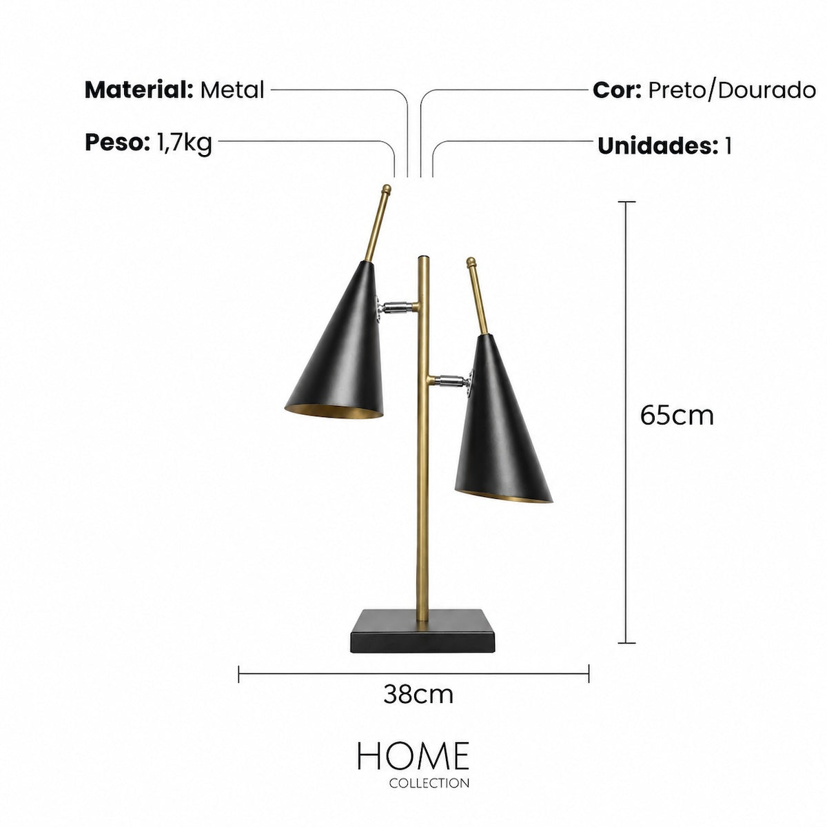 Luminária de Mesa C/ 2 Cúpulas Cone 65cm