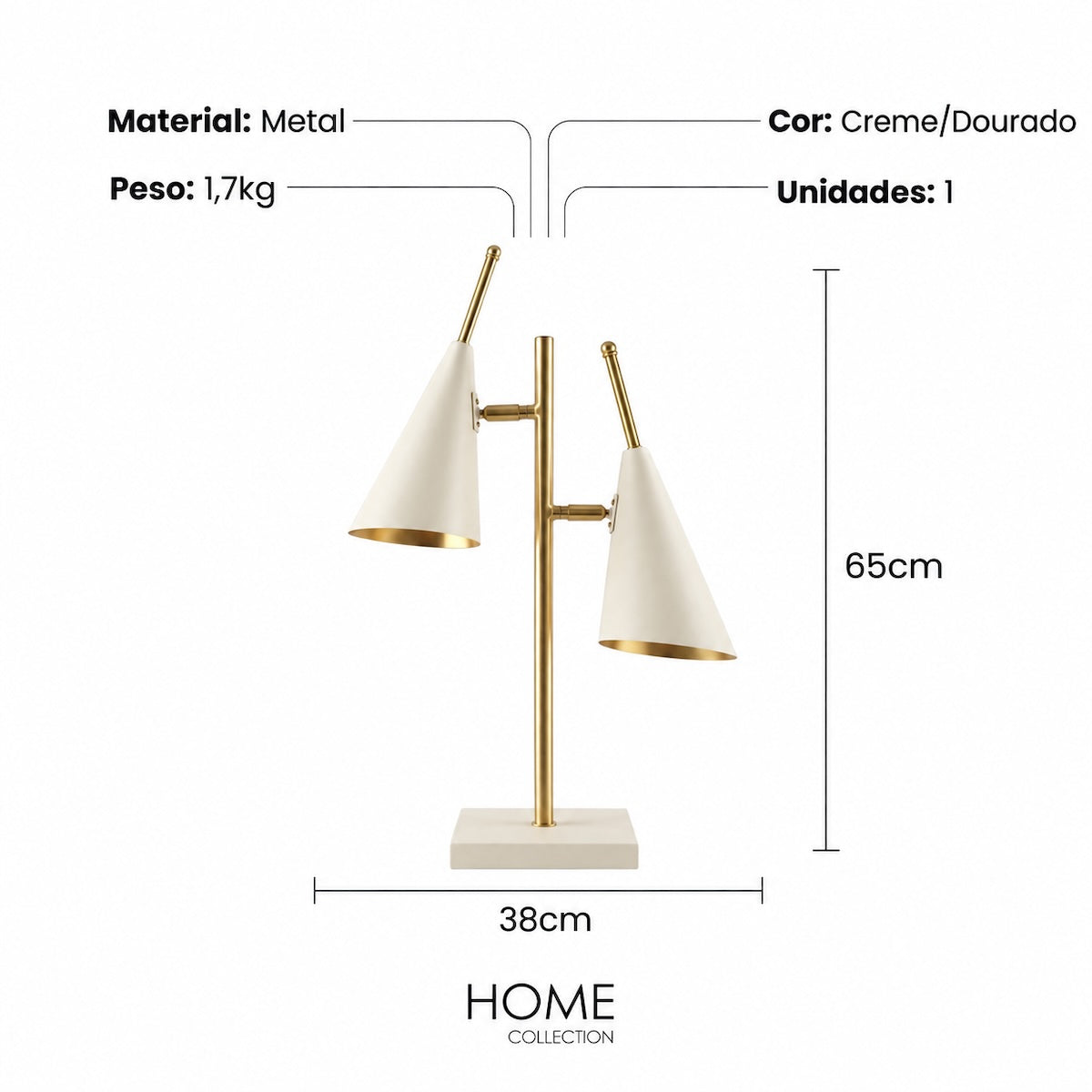 Luminária de Mesa C/ 2 Cúpulas Cone 65cm