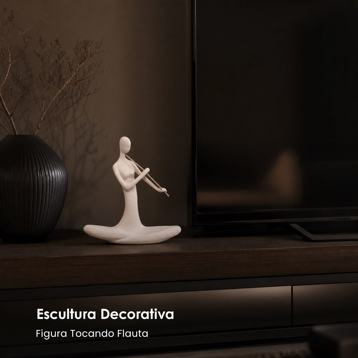 Escultura Figura Tocando Flauta Creme 20cm