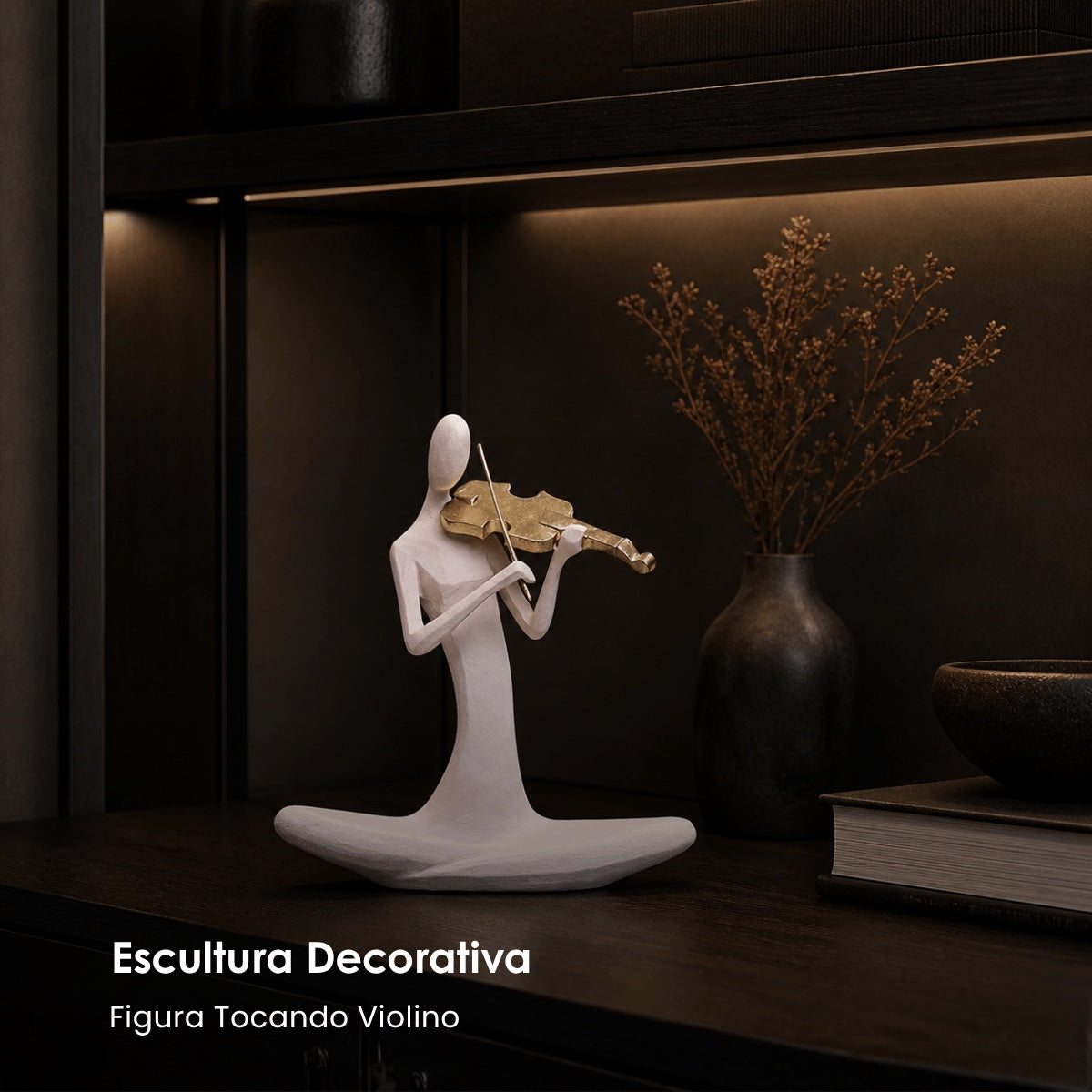 Escultura Figura Tocando Violino Creme 20cm