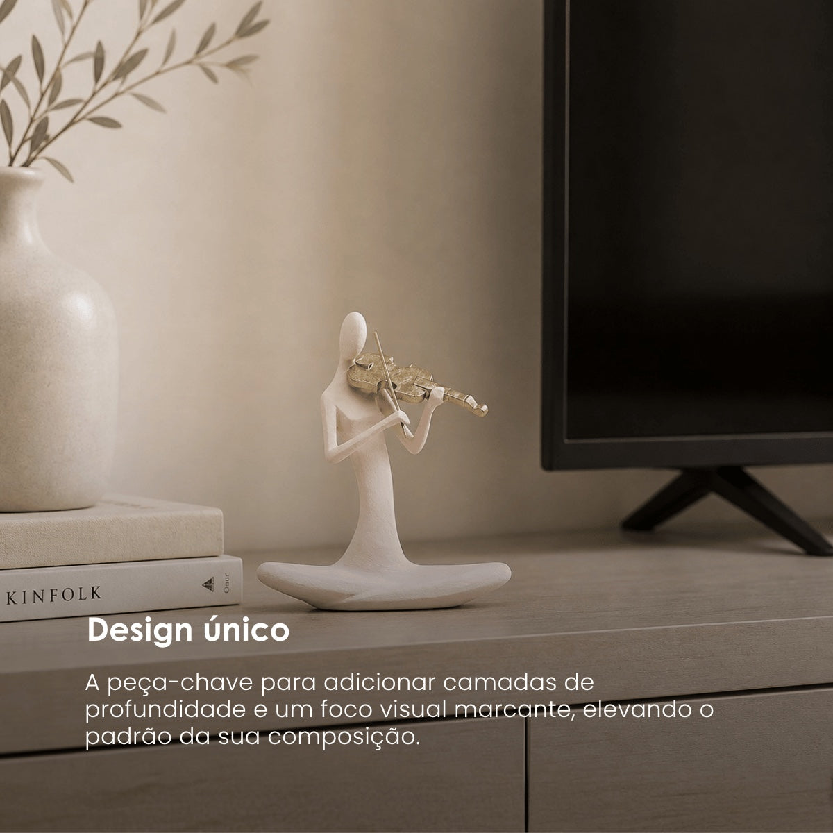 Escultura Figura Tocando Violino Creme 20cm