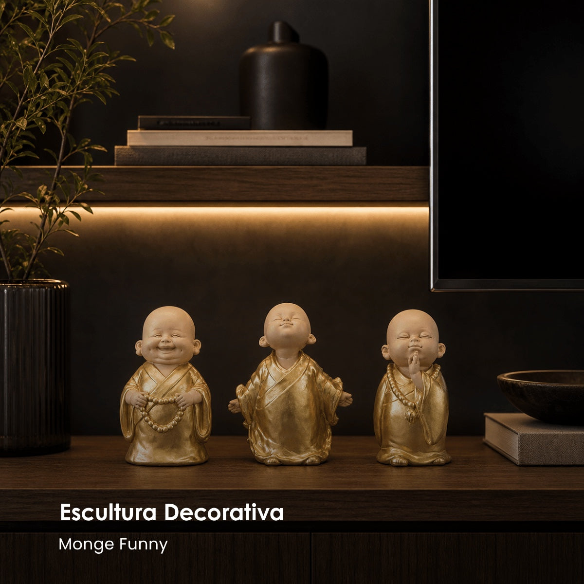 Jg. 3 Esculturas Monge Funny Dourado 15cm