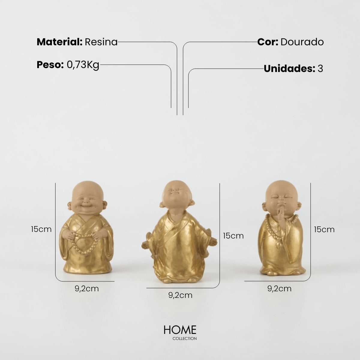Jg. 3 Esculturas Monge Funny Dourado 15cm