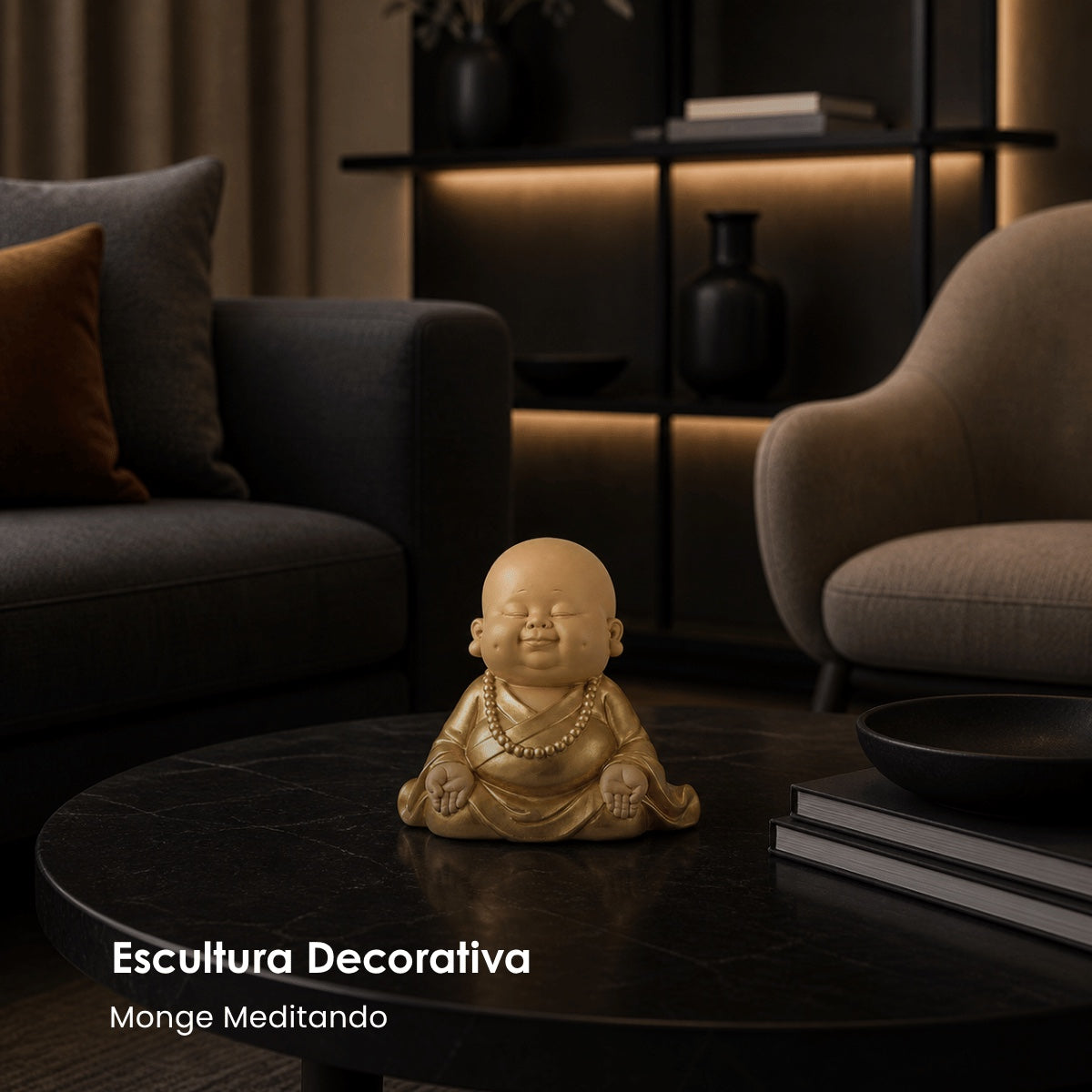 Escultura Monge Dourado Meditando 20cm