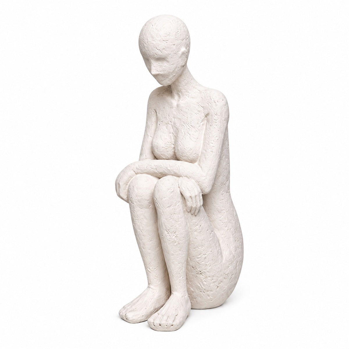 Escultura Figura Sentada Pensativa Creme M 32cm