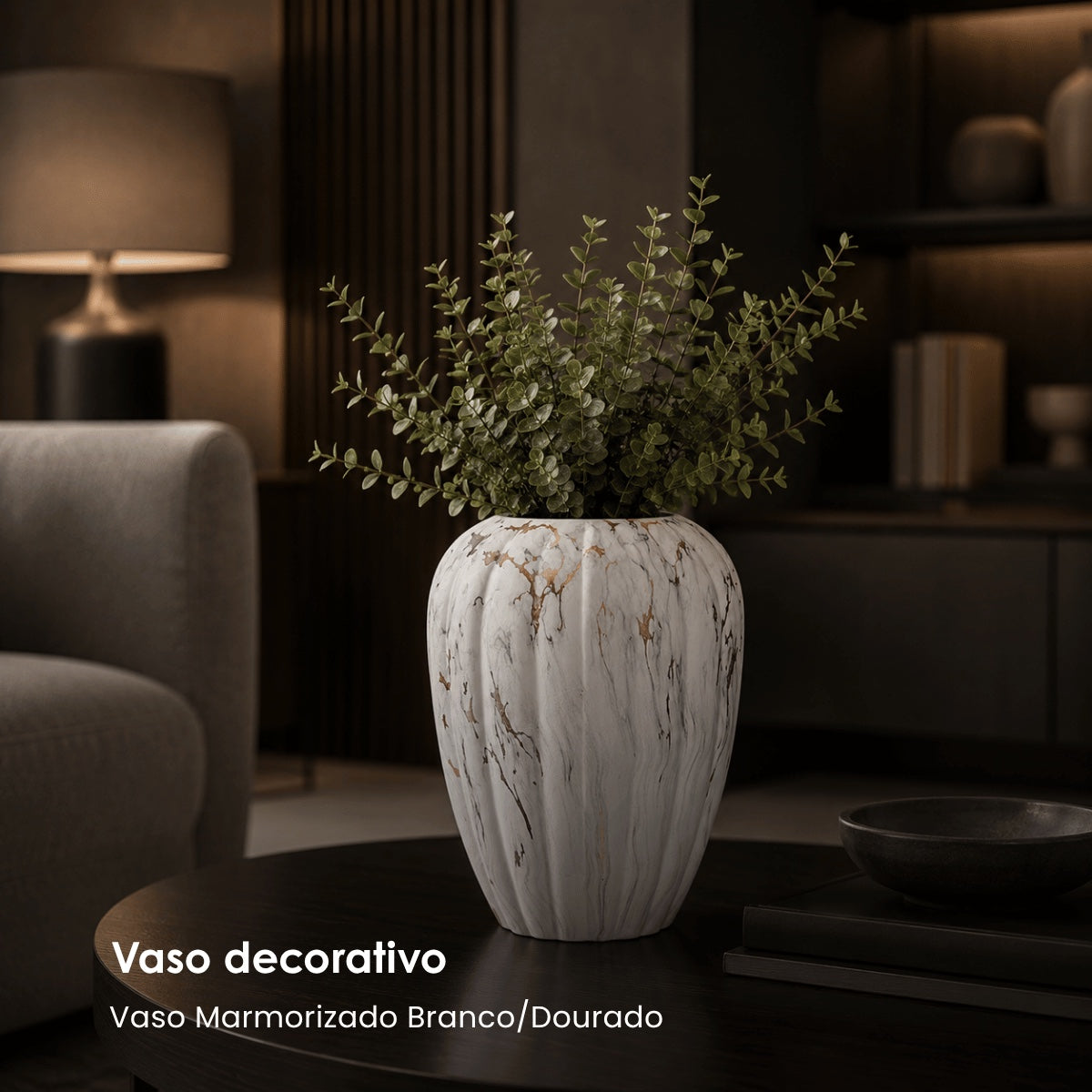 Vaso Marmorizado Branco/dourado 27cm
