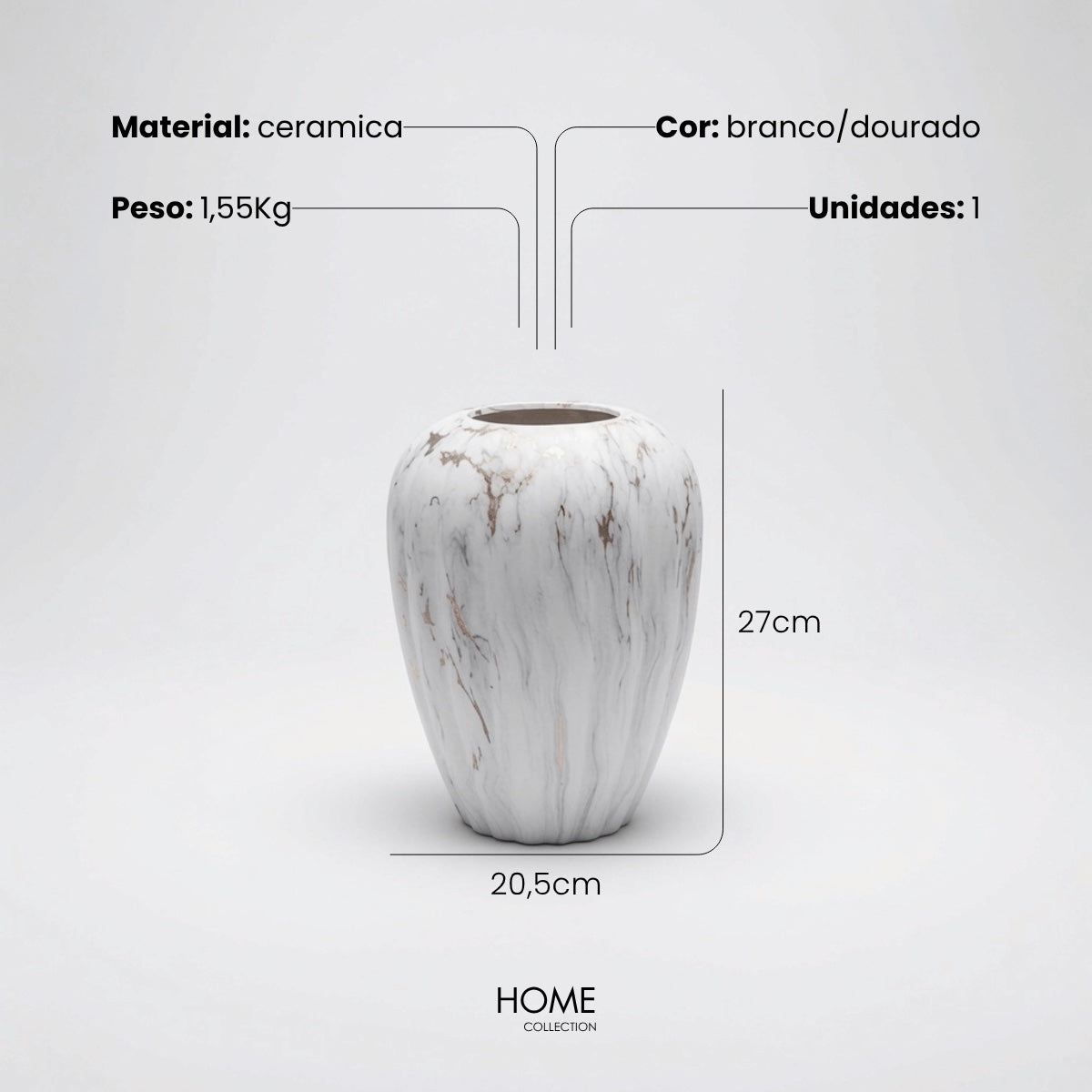 Vaso Marmorizado Branco/dourado 27cm
