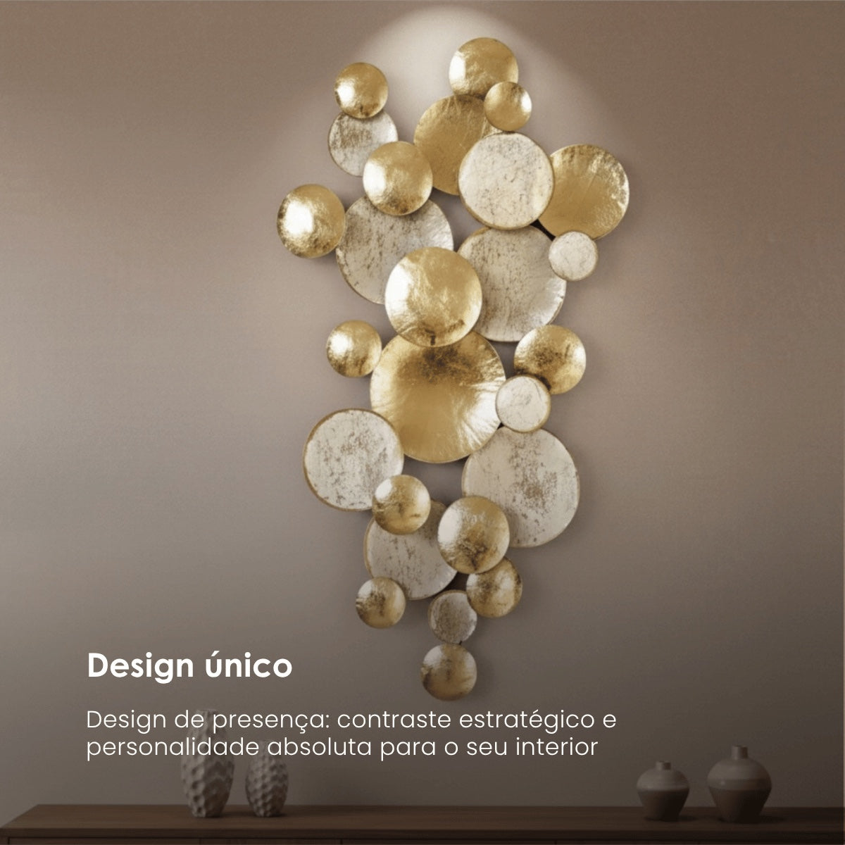 Escultura de Parede Circulos Brancos/dourados 50x6x90cm