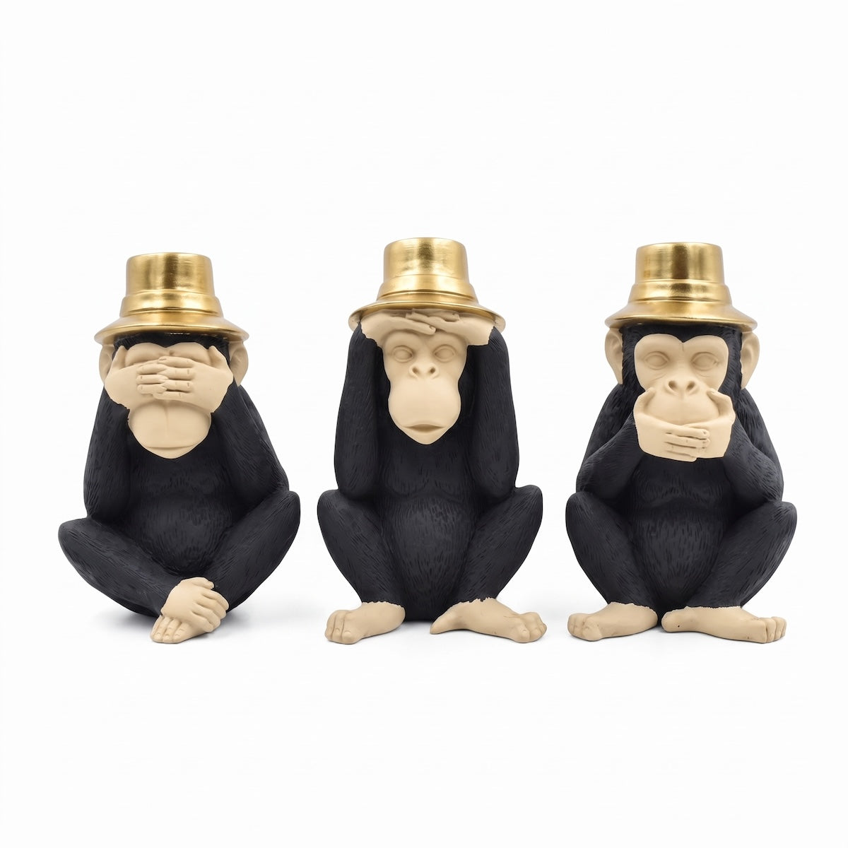 Jg. 3 Esculturas Macaco C/ Chapeu Cego/Surdo/Mudo 23cm