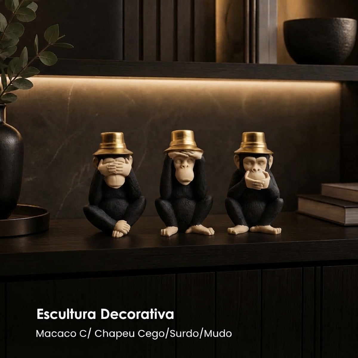 Jg. 3 Esculturas Macaco C/ Chapeu Cego/Surdo/Mudo 23cm