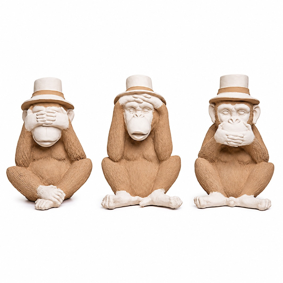 Jg. 3 Esculturas Macaco C/ Chapeu Cego/Surdo/Mudo 23cm
