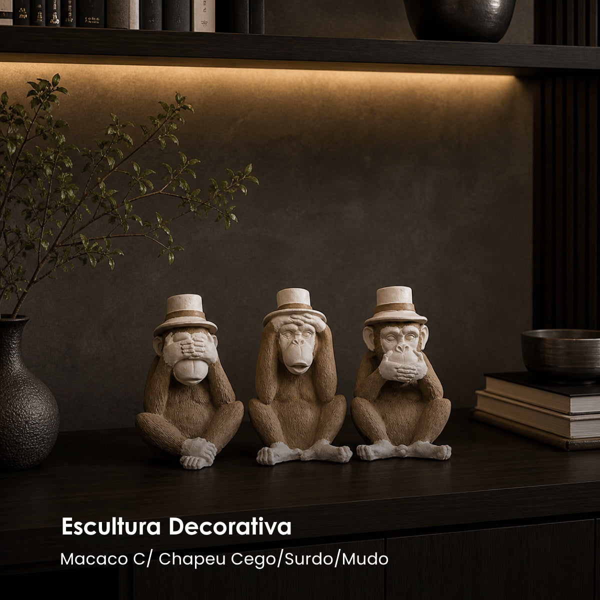 Jg. 3 Esculturas Macaco C/ Chapeu Cego/Surdo/Mudo 23cm