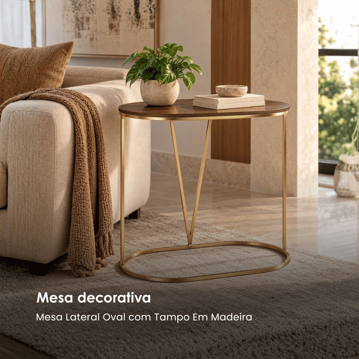 Mesa Lateral Oval C/ Tampo Em Madeira 66x40x66cm