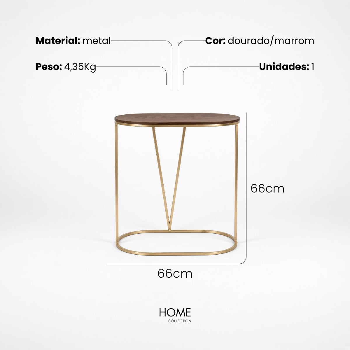 Mesa Lateral Oval C/ Tampo Em Madeira 66x40x66cm